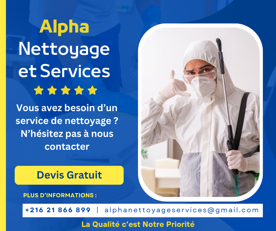 Création charte graphique, carte visite , social media post et logo conçus par Advize360 pour Alpha Nettoyage, société de services en Tunisie, incluant design professionnel et identité visuelle.