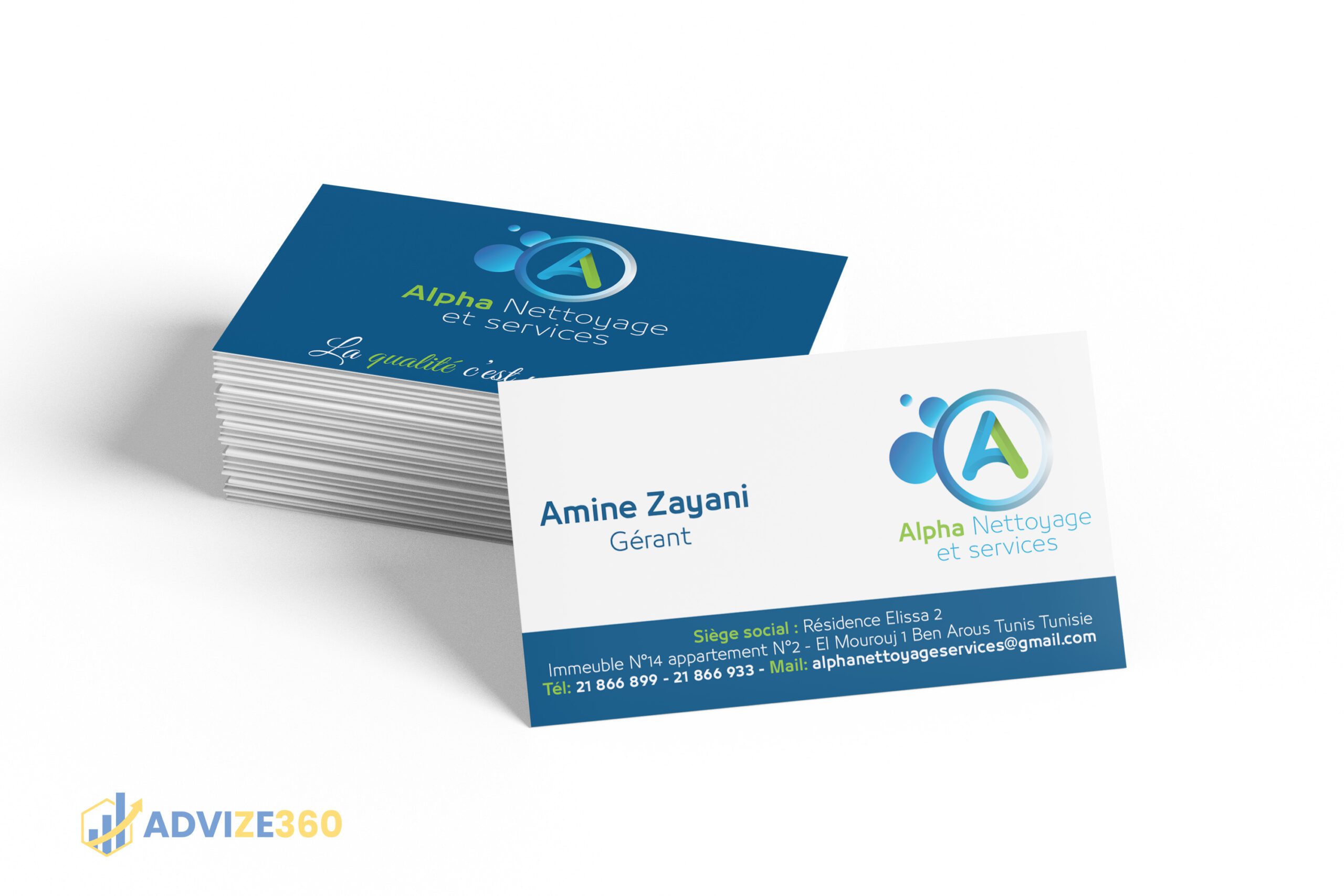 Création charte graphique, carte visite et logo conçus par Advize360 pour Alpha Nettoyage, société de services en Tunisie, incluant design professionnel et identité visuelle.